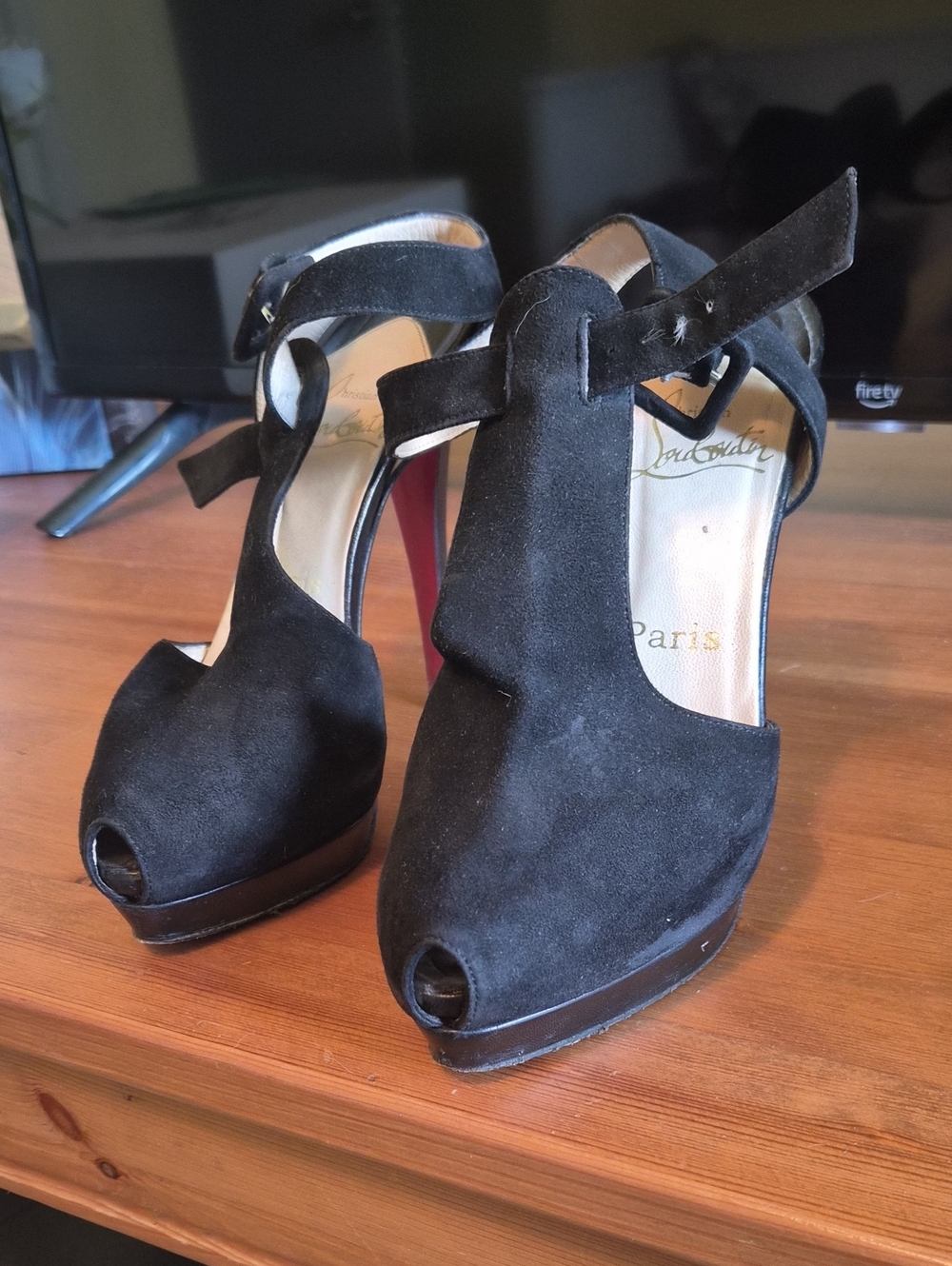 Christian Louboutin Black Suede Peep-Toe T-Strap Platform Heels
